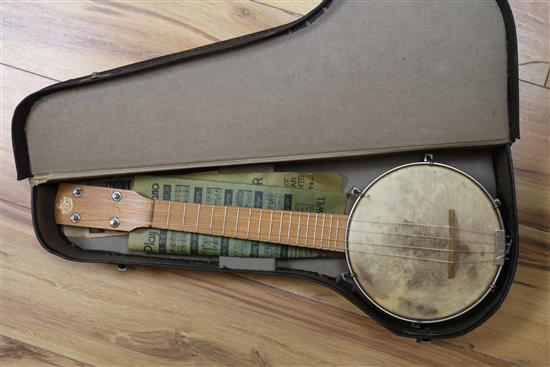 A quantity of banjoleles, mandolin, RWC Apalacachian dulcimer